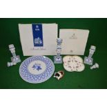 Group of ceramics to include: three Royal Copenhagen candlesticks, Royal Doulton figure of a