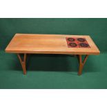 Mid century Danish Trioh teak coffee table the top being set with four red glazed Alan Wallwork