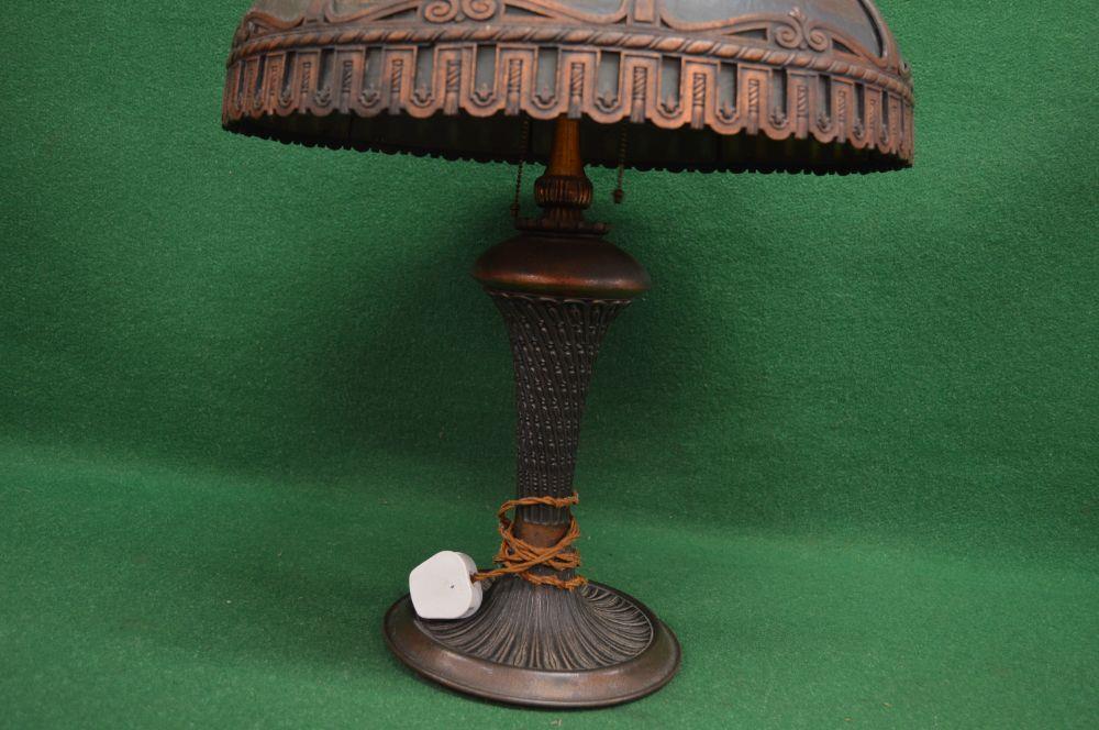Bronzed table lamp the shade having sectional glass panels decorated with river, trees and - Image 2 of 3