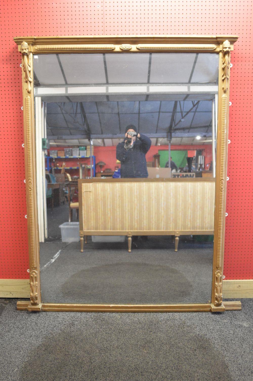 19th century gilt framed overmantle mirror the frame having carved lion head acanthus leaf style - Image 2 of 3