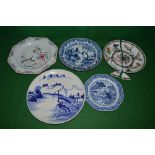 Group of five Oriental plates having decoration of panels of buildings and birds Please note