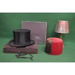 Silver plated Fez stand having engraved decoration together with a Fez and a boxed folding silk