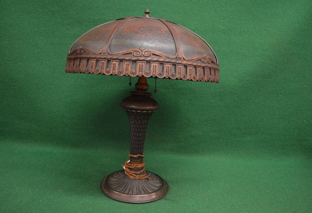 Bronzed table lamp the shade having sectional glass panels decorated with river, trees and - Image 3 of 3