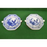 Pair of late 20th century blue and white decorated octagonal warming plates Please note descriptions