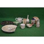 Group of Oriental ceramics to include: four small vases, urn, lidded two handle pot, tea bowl and