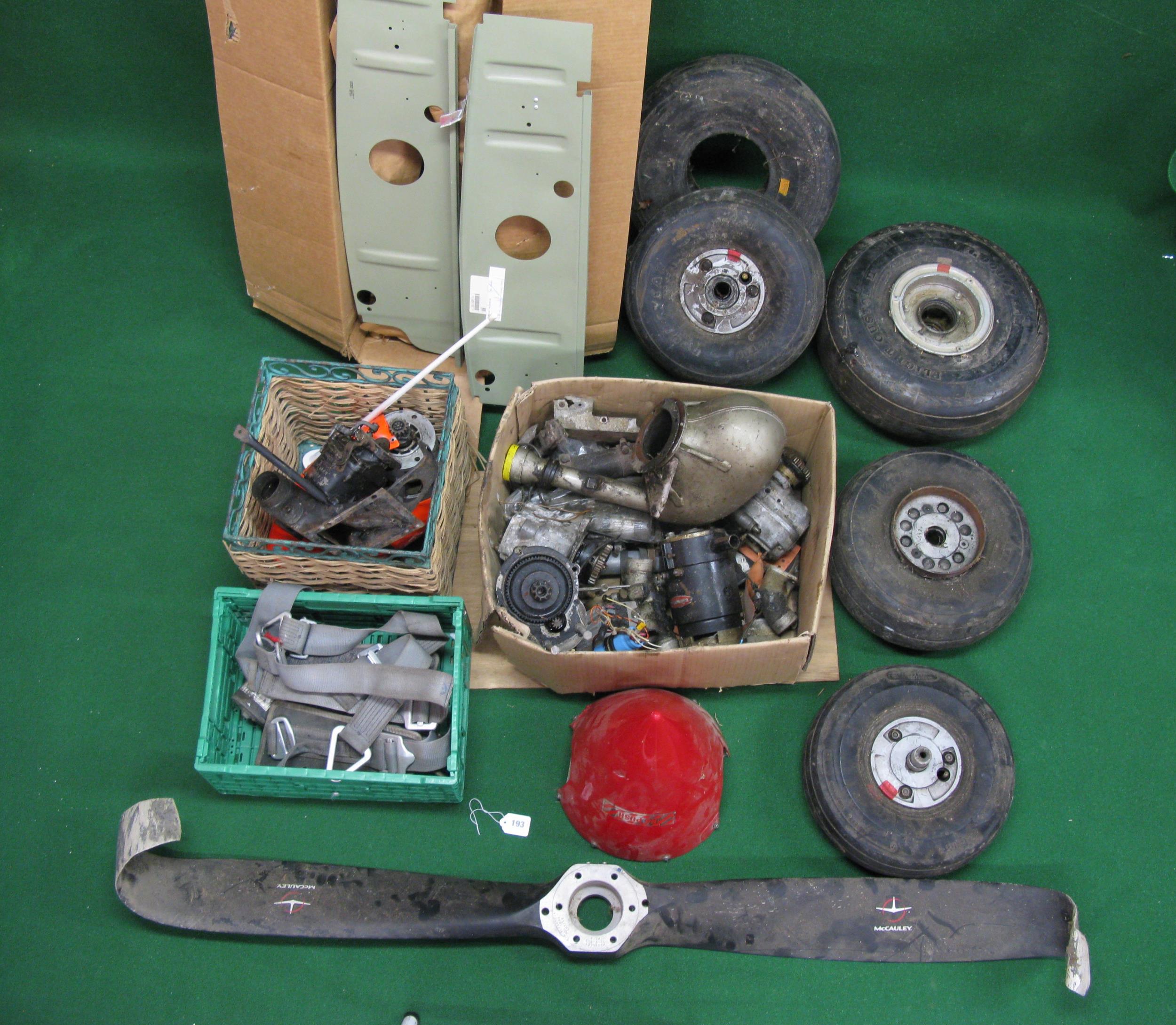 Quantity of Cessna aircraft parts to include: boxed panels, crate of old parts, nose cone, wheels - Image 2 of 4