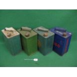 Four two gallon fuel cans with caps for: Pratts, BP Motor Spirit, Esso and Shell Please note