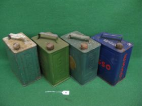 Four two gallon fuel cans with caps for: Pratts, BP Motor Spirit, Esso and Shell Please note