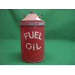 Tall circular conical can with two handles and screw cap, red with white Fuel Oil lettering - 23"