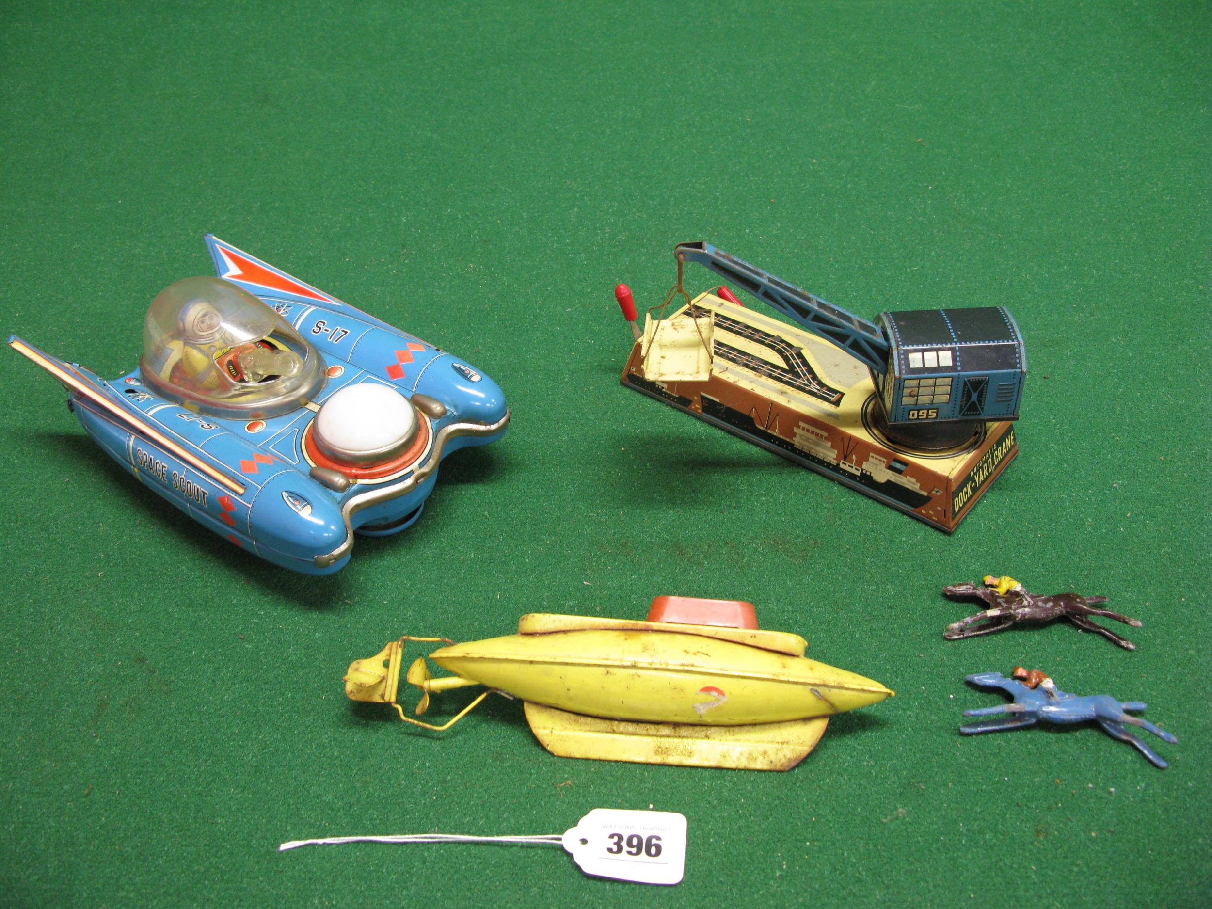 Made in Japan battery powered tinplate Space Scout, a clockwork dockyard crane by Bing of Germany