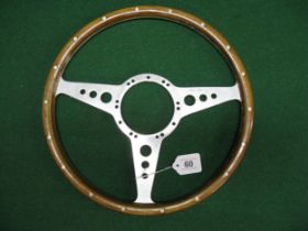 Flat Motolita steering wheel with three polished metal spokes and riveted wooden rim - 14" in dia
