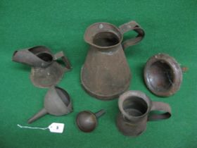 Three oil pourers and three funnels of various sizes Please note descriptions are not condition