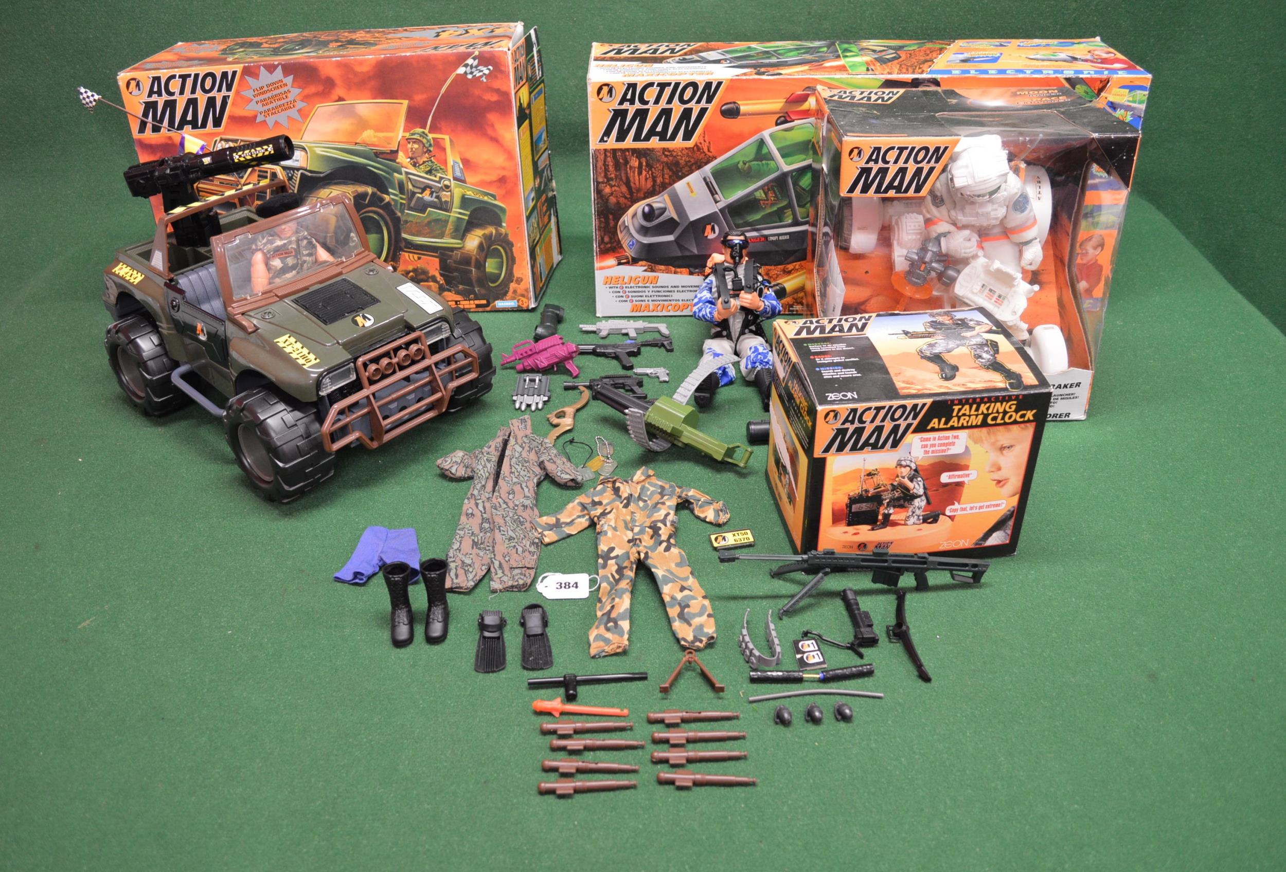 Quantity of 1990's boxed Action Man items to include: Heligun, Maxicopter, 4x4, Moonraker Space