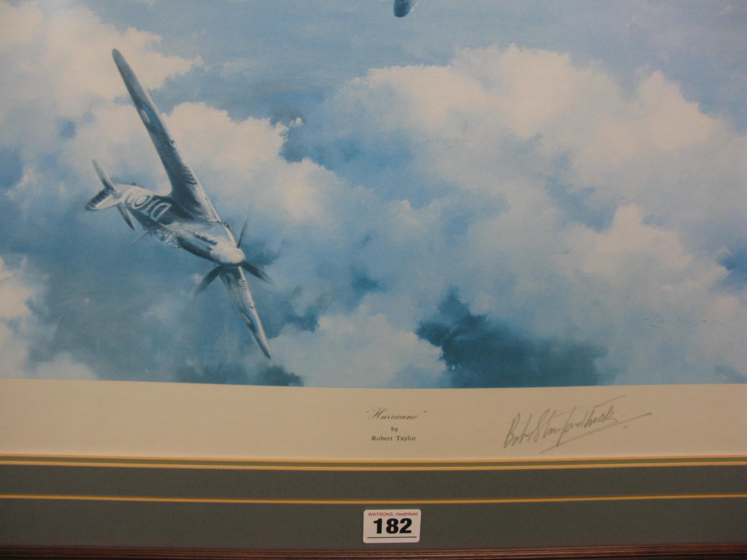 Two framed and glazed aircraft prints to comprise: Hurricanes by Robert Taylor, signed by Squadron - Image 2 of 3