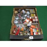 Box of assorted petrol caps, boxed and loose small electrical items, bulbs, contact sets etc