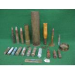 Box of wartime ordnance and shell cases etc together with a brass buckle Please note descriptions