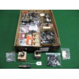 Box of electrical switches, horn buttons, door plungers, plastic knobs, Jaguar V12 rotor arms etc
