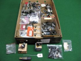 Box of electrical switches, horn buttons, door plungers, plastic knobs, Jaguar V12 rotor arms etc