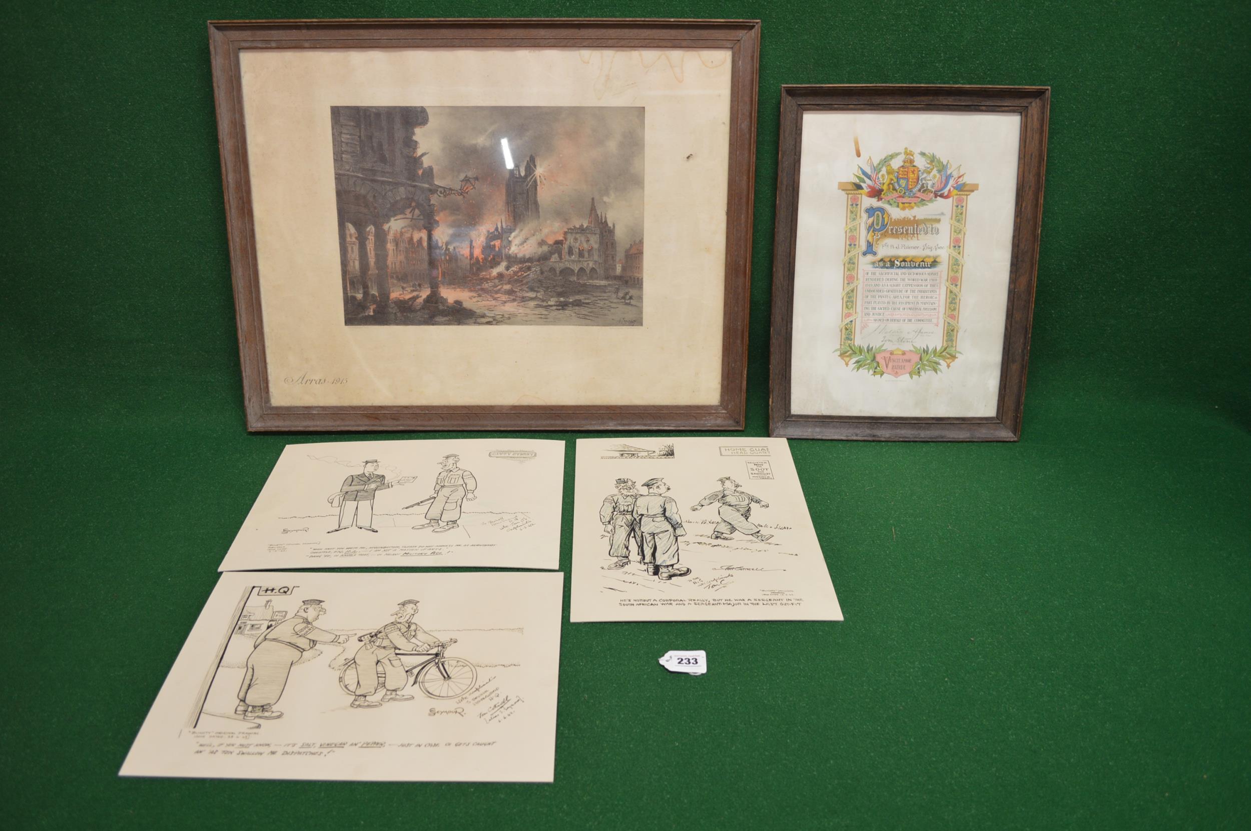 three copies of Bexhill Homeguard humorous prints, a framed WWI certificate to a Private WJ Palmer