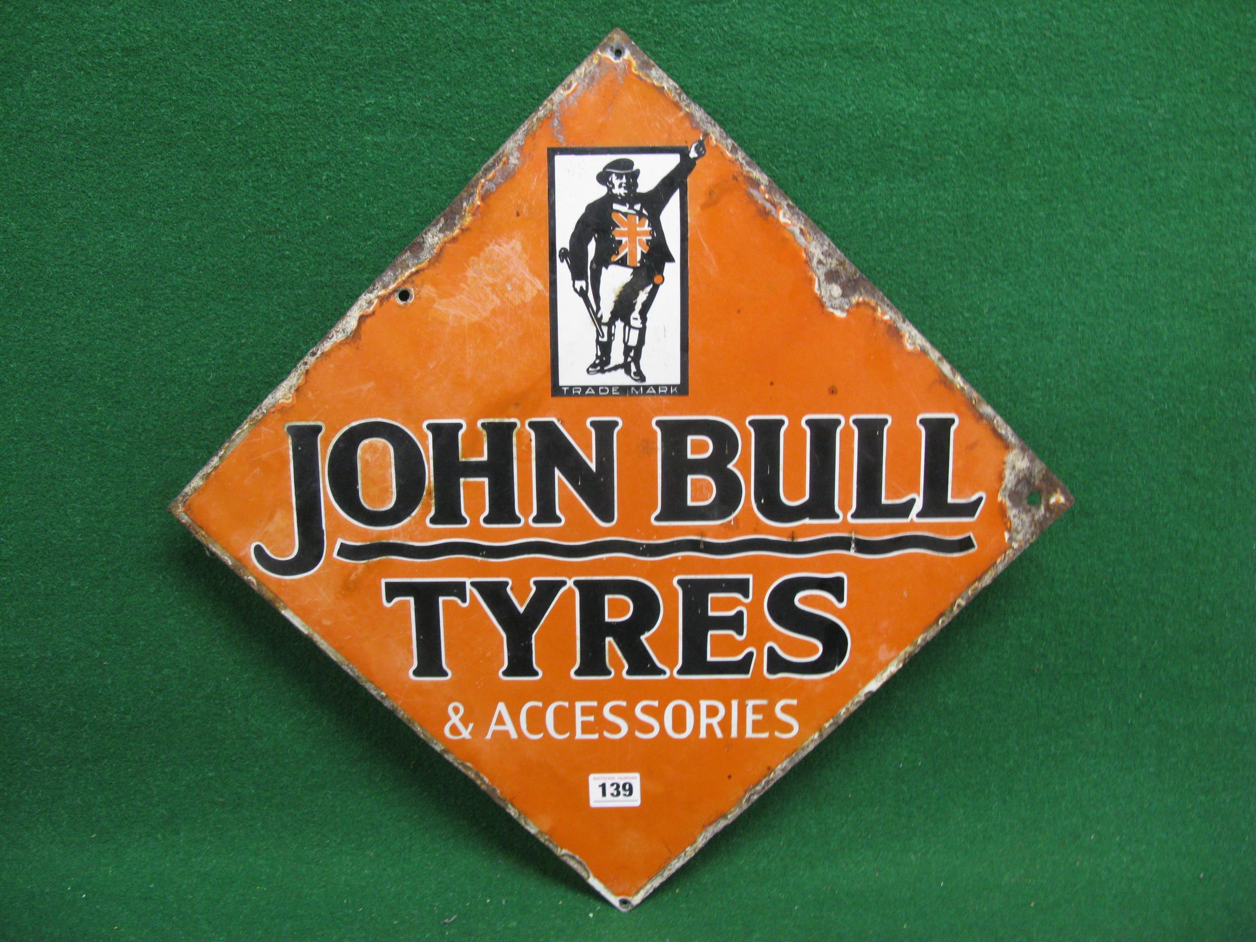 Double sided diamond enamel sign for John Bull Tyres & Accessories featuring the trade mark