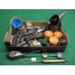 Box of oil cans, grease guns, grease tins and a large oil pourer Please note descriptions are not