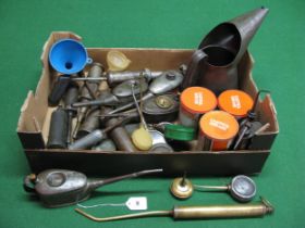 Box of oil cans, grease guns, grease tins and a large oil pourer Please note descriptions are not