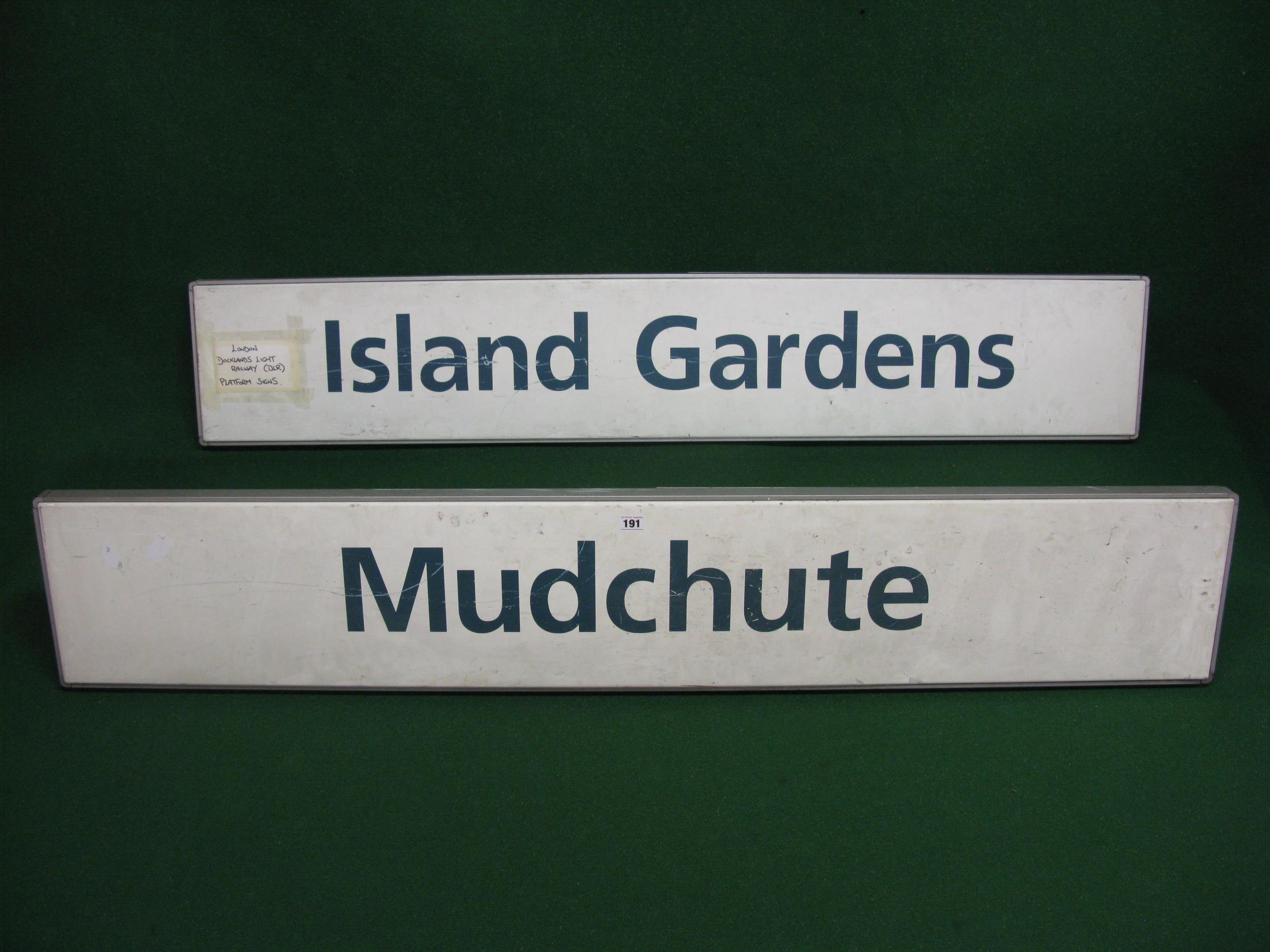 Two all metal Docklands Light Railway platform signs with mounting brackets to rear for Mudchute and - Image 2 of 4