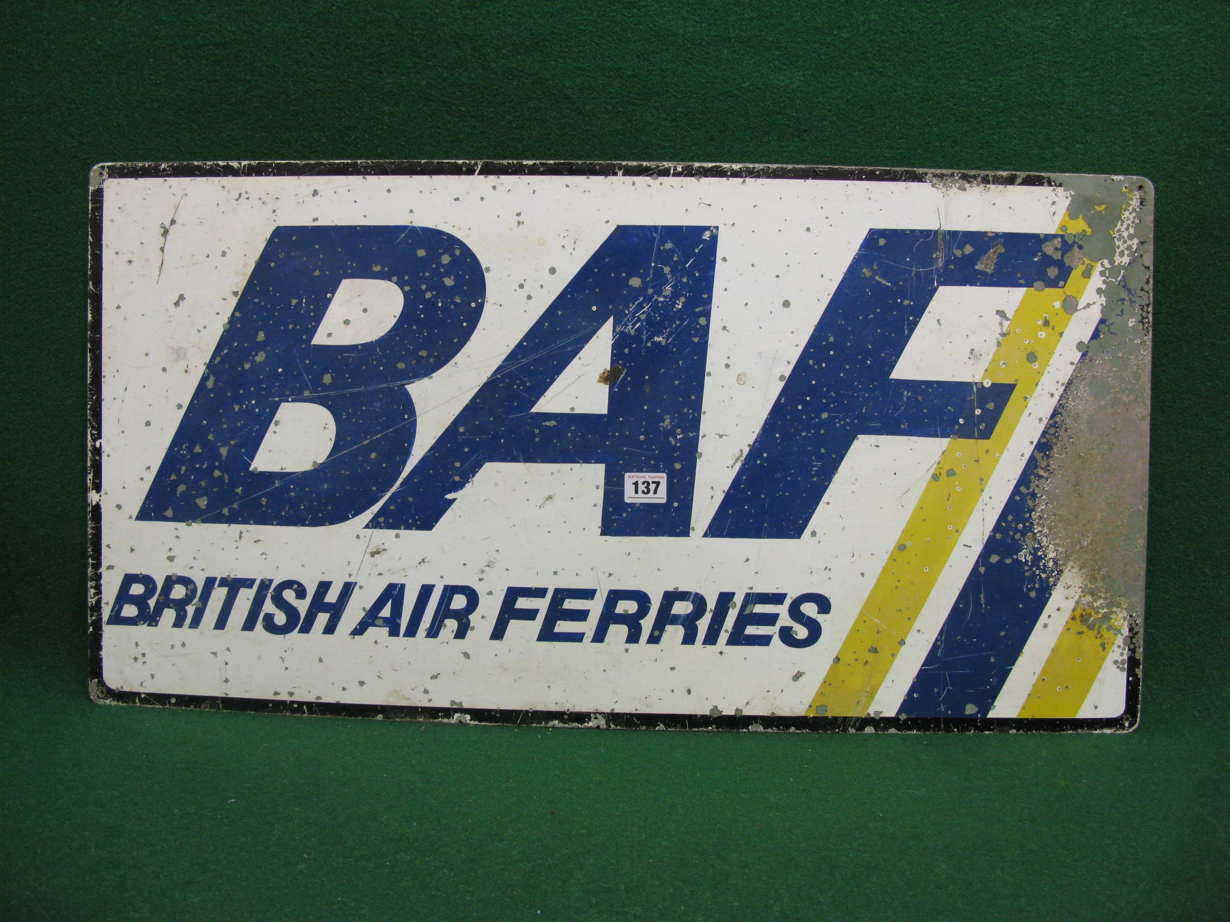 Aluminium sign for BAF British Air Ferries, blue and yellow on a white ground with black border. BAF