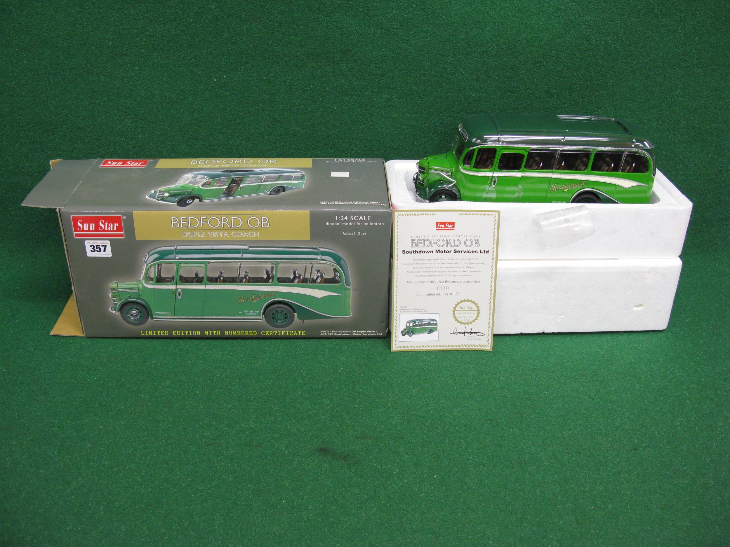 Boxed Sun Star diecast 1:24 scale model of a 1949 Bedford OB Duple Vista Coach in Southdown Motor