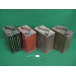 Four two gallon petrol cans with caps for: Esso, Shell-Mex BP Ltd, Pratts and BP Motor Spirit Please