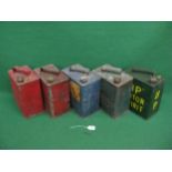 Five two gallon cans with caps for: Esso (x2), Pratts, Shell & BP Motor Spirits Please note