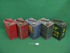 Five two gallon cans with caps for: Esso (x2), Pratts, Shell & BP Motor Spirits Please note