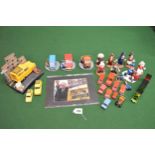 Quantity of 1990's Postman Pat figurines and vehicles, a Trotters van, alarm clock and a signed