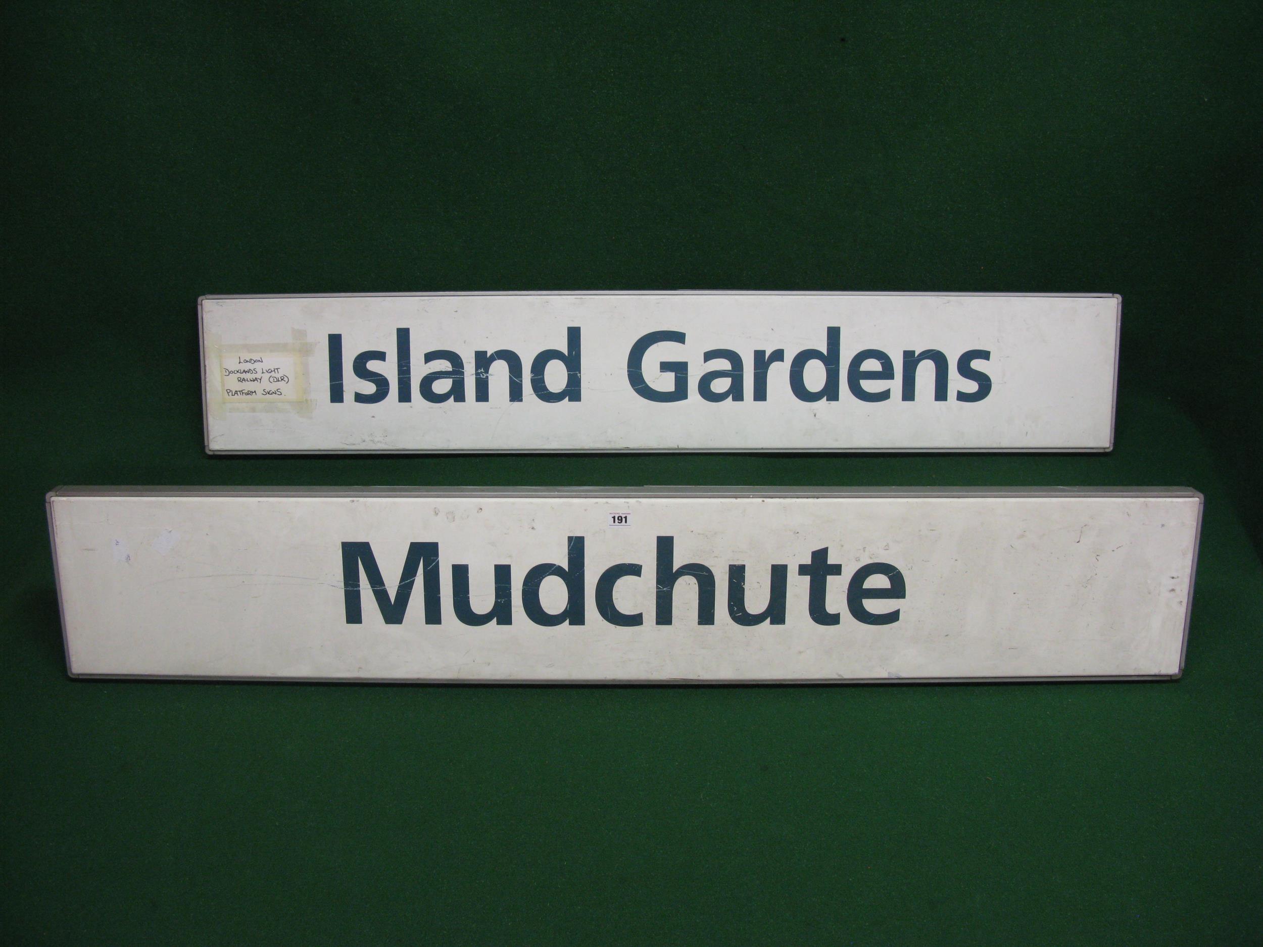 Two all metal Docklands Light Railway platform signs with mounting brackets to rear for Mudchute and