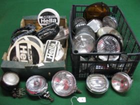 Two boxes of assorted spot lights and covers from Lucas, Simms, Marchal, Miller, Wipac, Hella etc