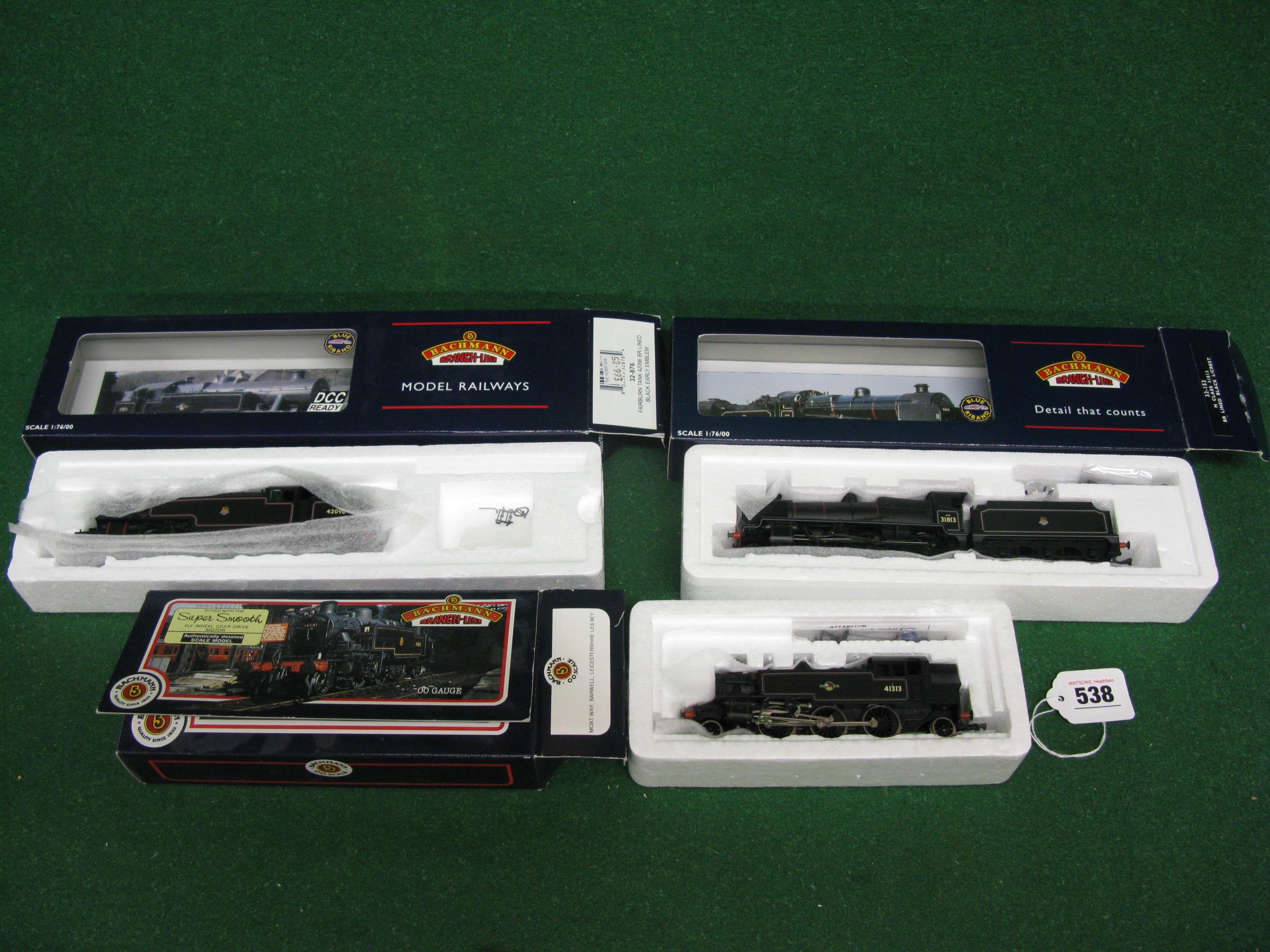 Three boxed Bachmann Branchline OO steam locomotives to comprise: Ivatt 2MT 2-6-2T No. 41313 in late