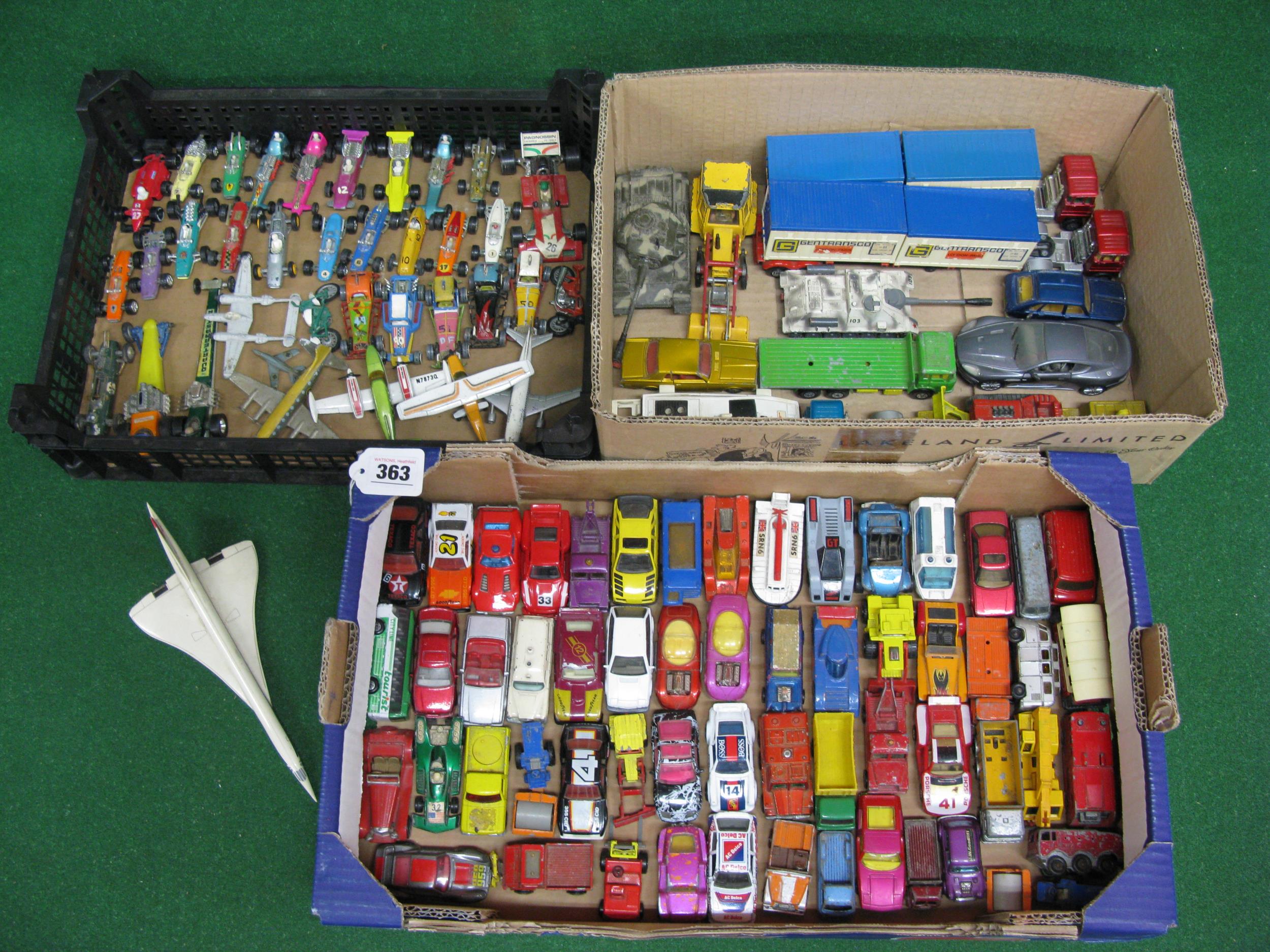 Three boxes of approx 100 loose playworn model vehicles, aircraft and racing cars made by Lesney/