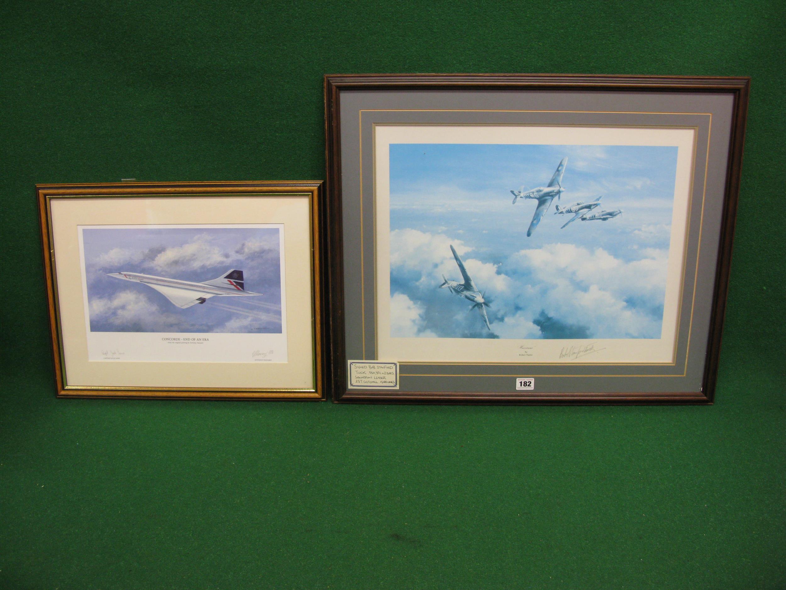 Two framed and glazed aircraft prints to comprise: Hurricanes by Robert Taylor, signed by Squadron