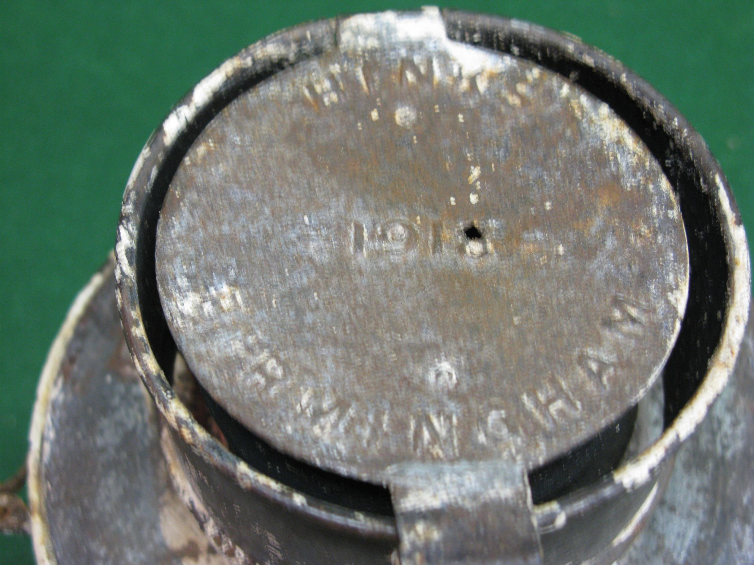 WWI trench lantern with burner, embossed Hink's Birmingham 1918 on lid - 12.5" tall x 6.5" dia - Image 2 of 4