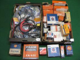 Two boxes of assorted new old stock filters and spark plug leads Please note descriptions are not