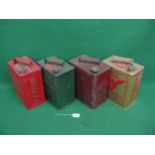 Four different Shell two gallon fuel cans with matching caps for: Shell Motor Spirit, Shell-Mex BP