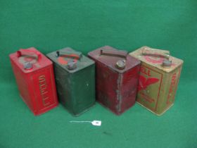 Four different Shell two gallon fuel cans with matching caps for: Shell Motor Spirit, Shell-Mex BP