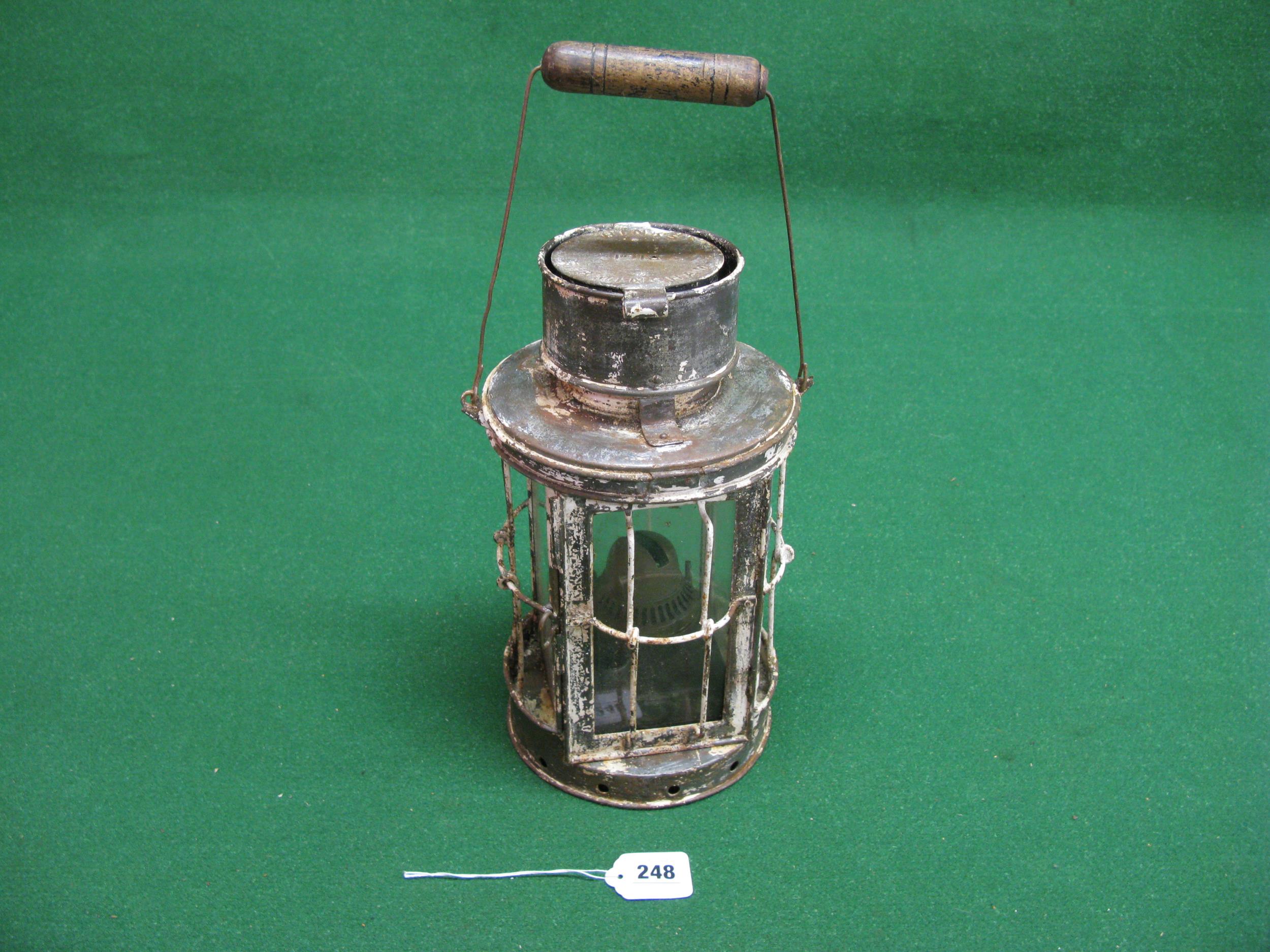 WWI trench lantern with burner, embossed Hink's Birmingham 1918 on lid - 12.5" tall x 6.5" dia