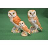 Group of three Beswick figures of owls, two numbered 1046 on base - 7.5" tall each and one smaller -