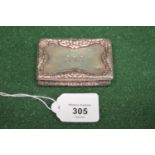 Georgian silver snuff box having floral decoration, personalised engraving, the inside having a gilt
