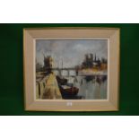 Jean Amiot "The Harbour Wall" oil on canvas of boats moored at harbour wall with bridge and