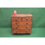 19th century miniature mahogany bow fronted chest of drawers having two short and three long drawers