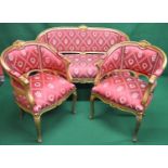 20th century gilt wood three piece salon suite having padded backs and arms over padded seats,