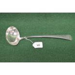 Large silver soup ladle having engraved decorated handle, monogrammed EGW, hallmarked London 1806 (