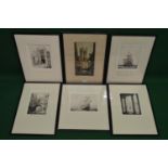 Group of five black and white etchings together with one colour etching by K. Vernon titled "The